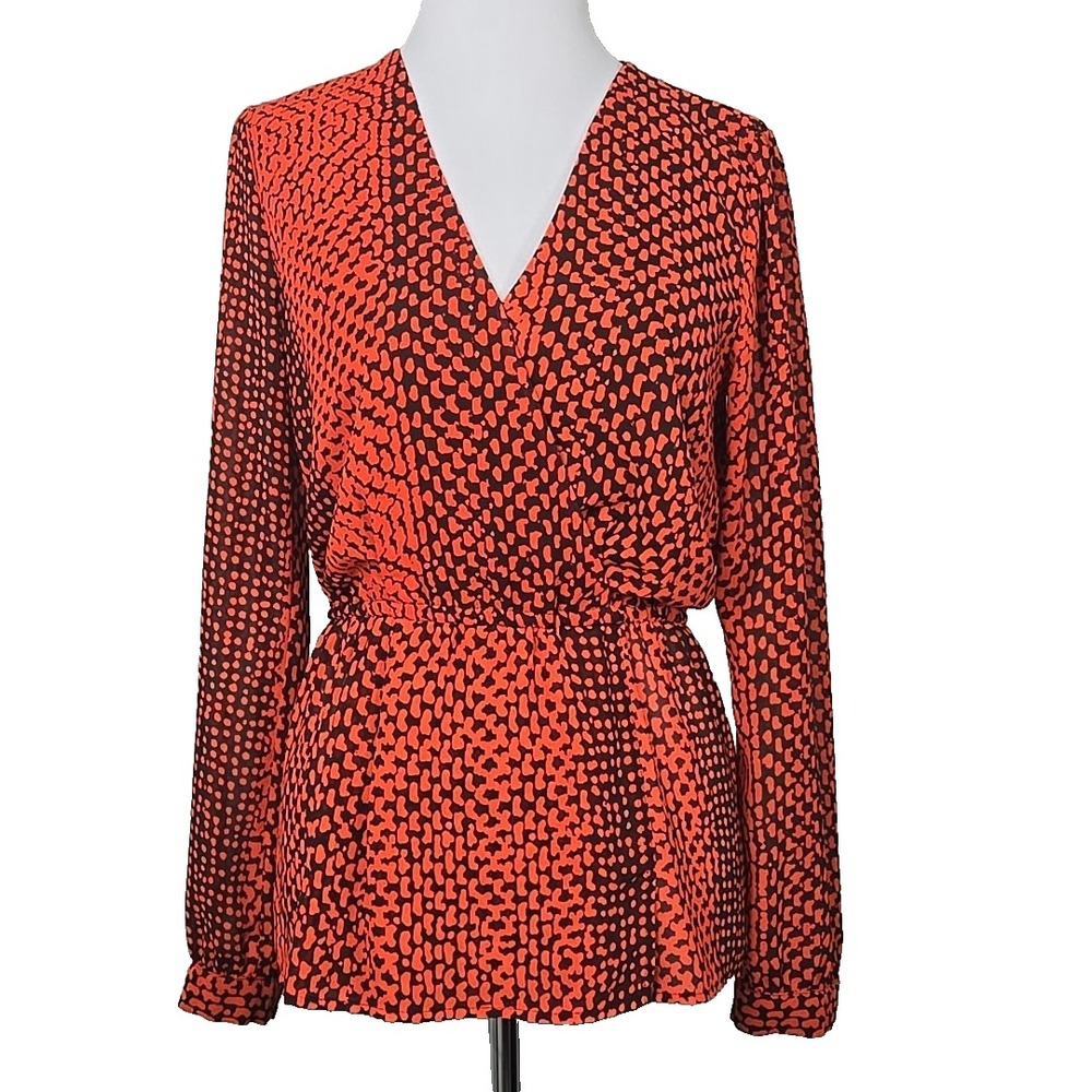 MK Michael Kors Orange & Black Print Chiffon Peplum Long Sleeve Blouse Medium M
